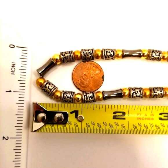 Pyrite Hematite Gold Polished Carved  Beads 28 Inch Long Vintage Opera Necklace! - Picture 4 of 7